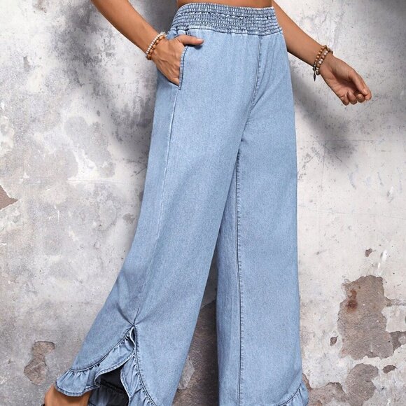 Light Wash Casual Women's High Waist Ruffle Hem Wide Leg Jeans - Picture 2 of 6